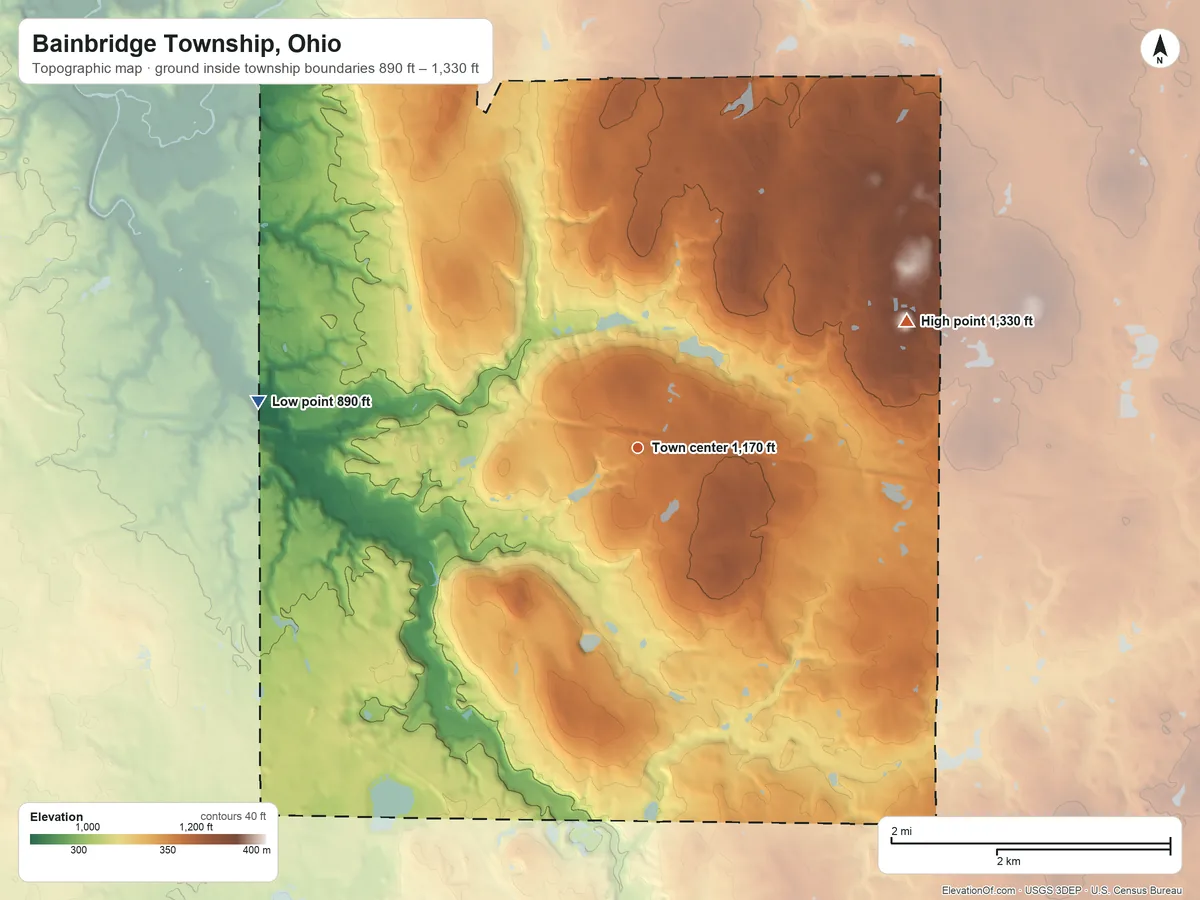 Topographic elevation map of Bainbridge Township, Ohio, shaded from 890 ft on the west side to 1,330 ft on the northeast side