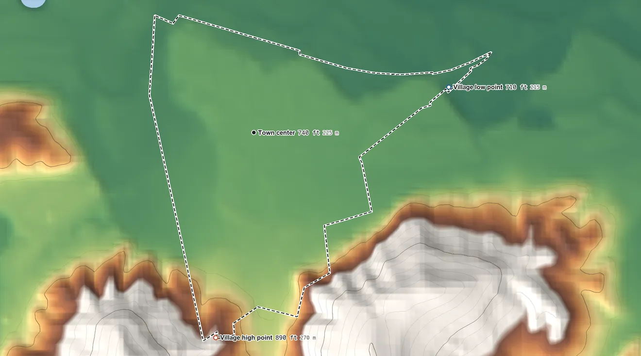 Topographic elevation map of Village of Bainbridge, Ohio, shaded from 710 ft on the east side to 890 ft on the south edge, below higher ground just outside