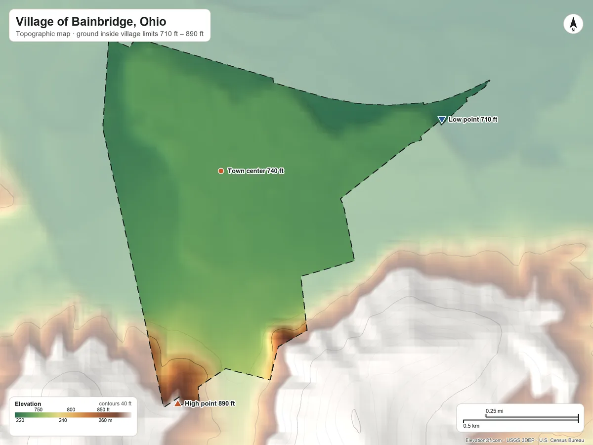 Topographic elevation map of Village of Bainbridge, Ohio, shaded from 710 ft on the east side to 890 ft on the south edge, below higher ground just outside