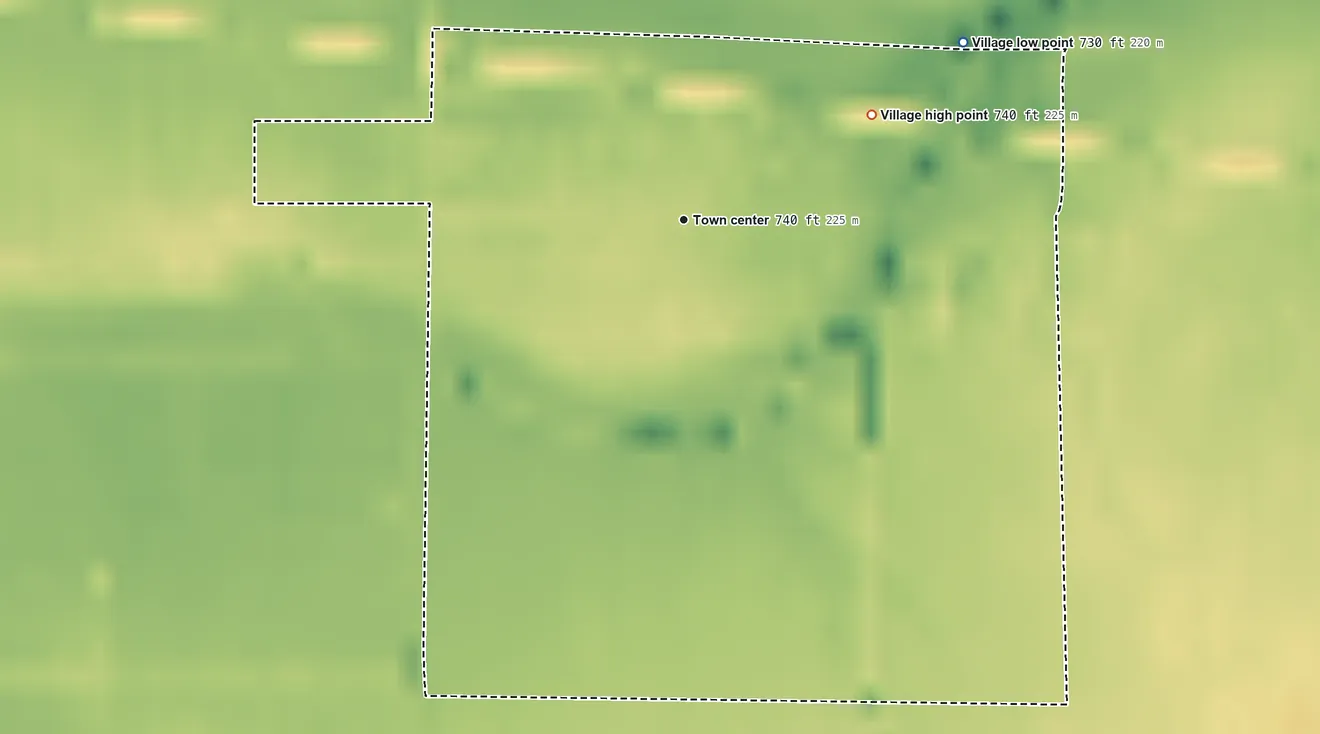 Topographic elevation map of Bairdstown, Ohio, shaded from 730 ft on the northeast side to 740 ft on the northeast side