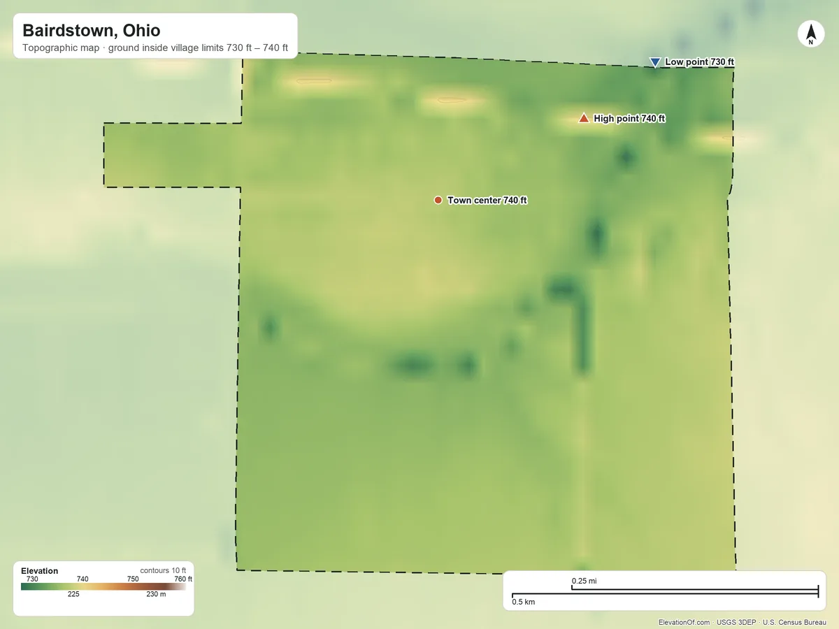 Topographic elevation map of Bairdstown, Ohio, shaded from 730 ft on the northeast side to 740 ft on the northeast side