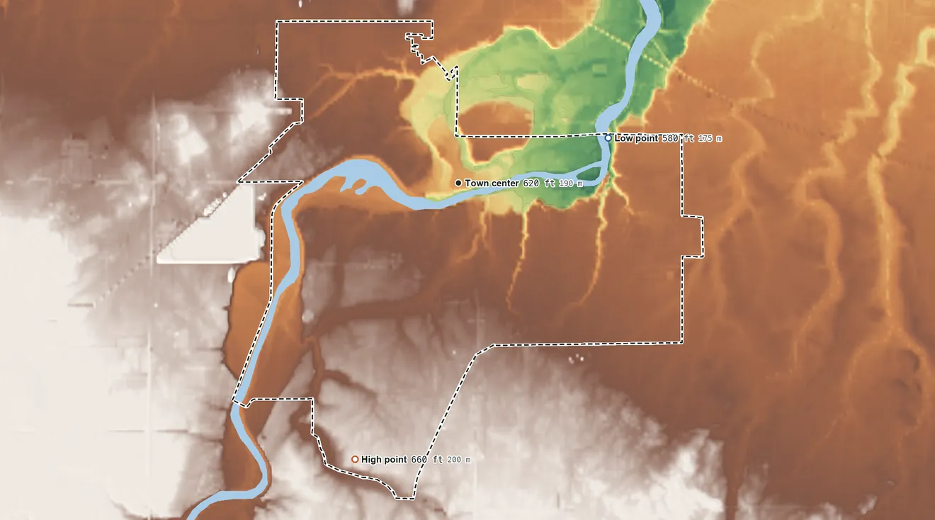 Topographic elevation map of Ballville, Ohio, shaded from 580 ft on the east side to 660 ft on the south side