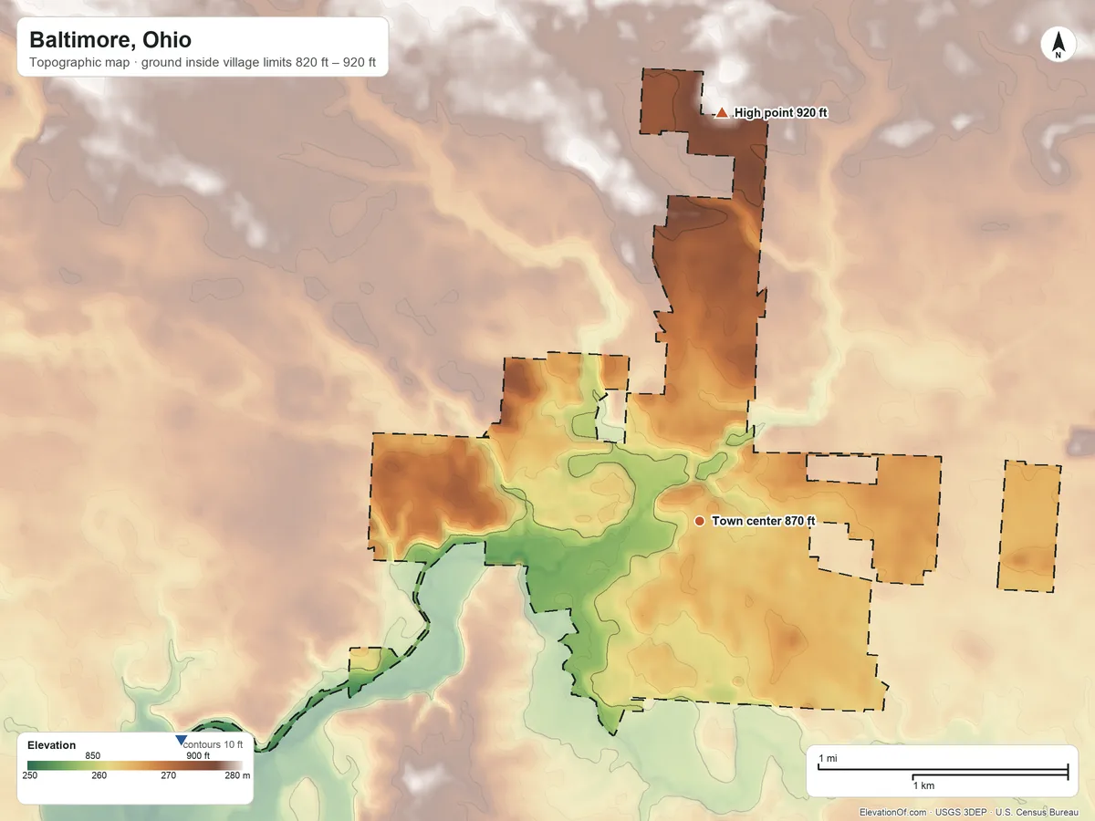 Topographic elevation map of Baltimore, Ohio, shaded from 820 ft on the southwest side to 920 ft on the north side