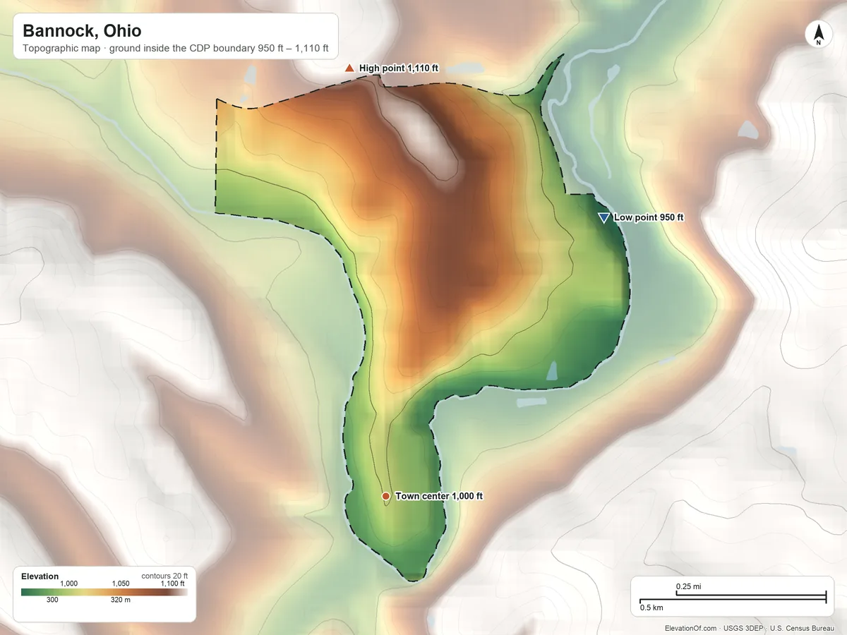 Topographic elevation map of Bannock, Ohio, shaded from 950 ft on the northeast side to 1,110 ft on the north side
