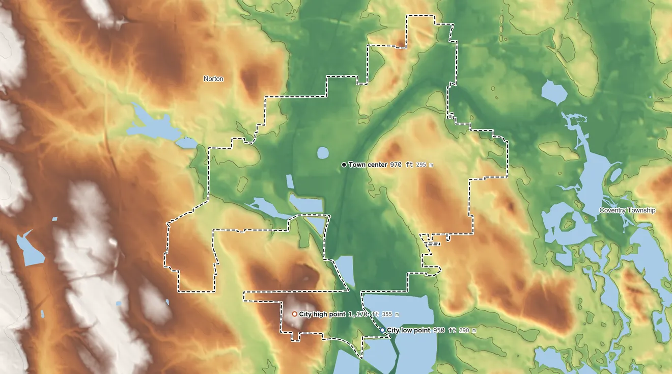 Topographic elevation map of Barberton, Ohio, shaded from 950 ft on the south side to 1,170 ft on the south side