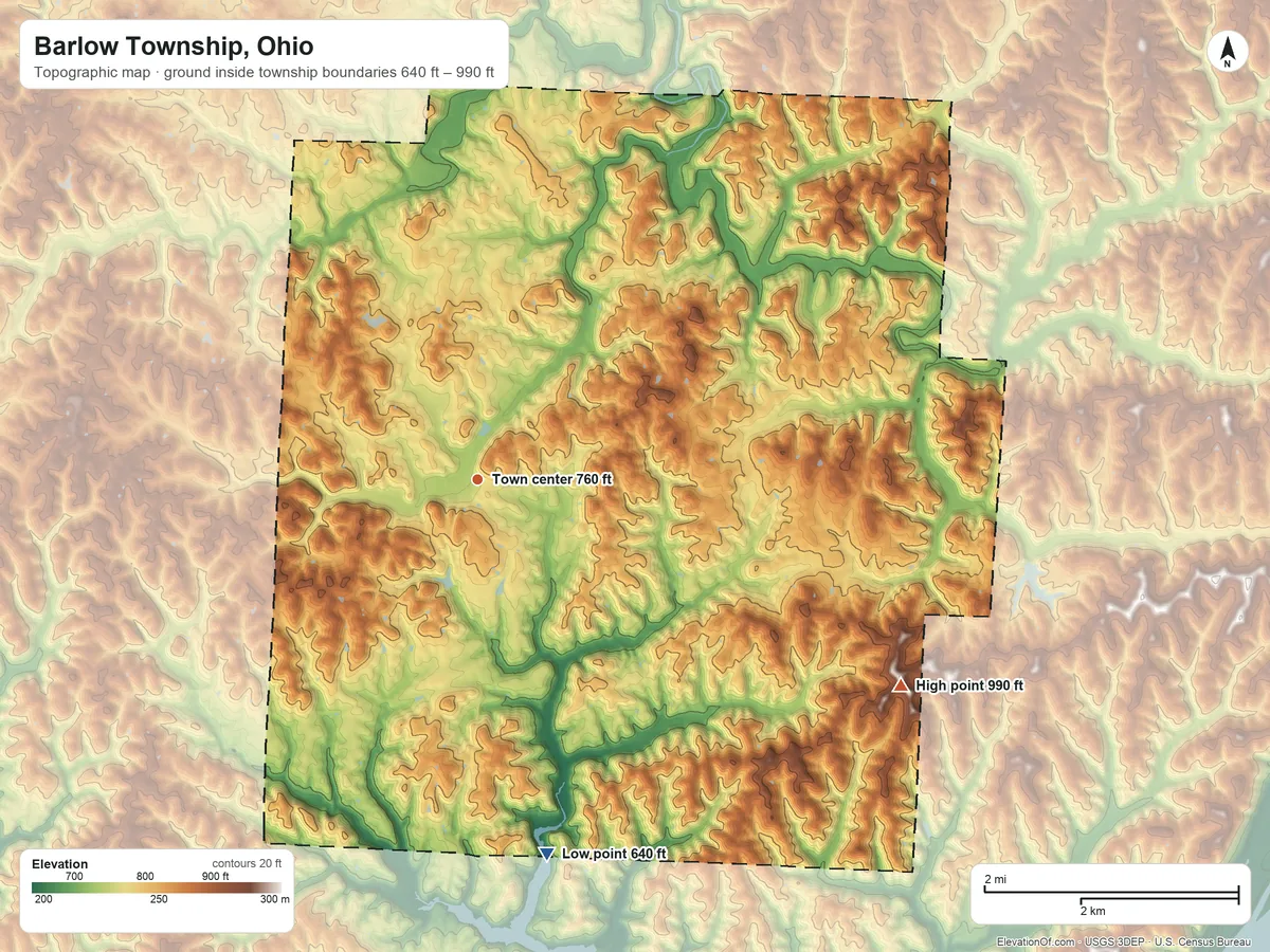 Topographic elevation map of Barlow Township, Ohio, shaded from 640 ft on the south side to 990 ft on the southeast side