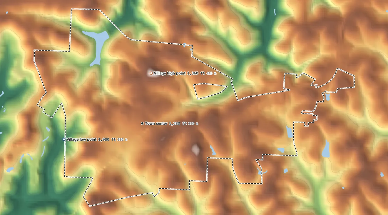 Topographic elevation map of Barnesville, Ohio, shaded from 1,080 ft on the west side to 1,360 ft on the north side