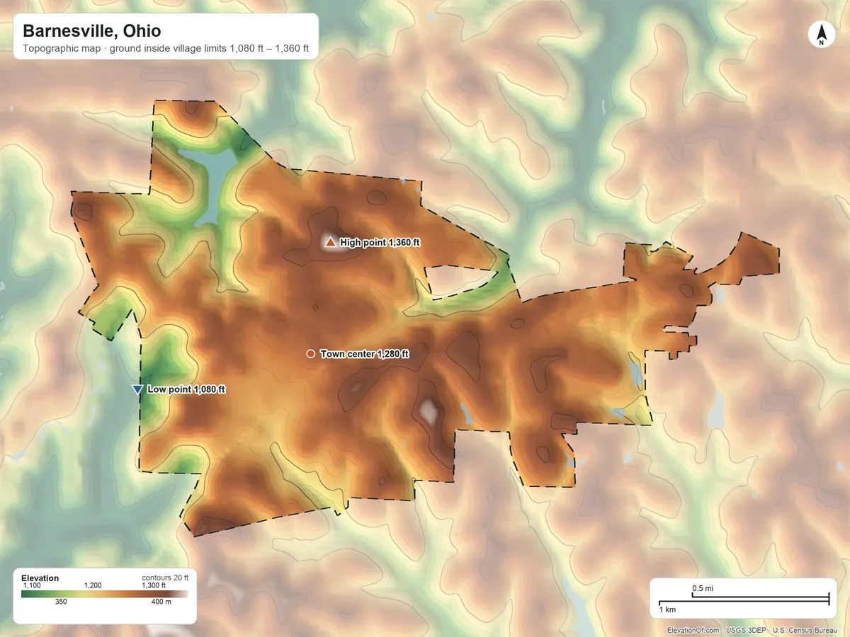 Topographic elevation map of Barnesville, Ohio, shaded from 1,080 ft on the west side to 1,360 ft on the north side