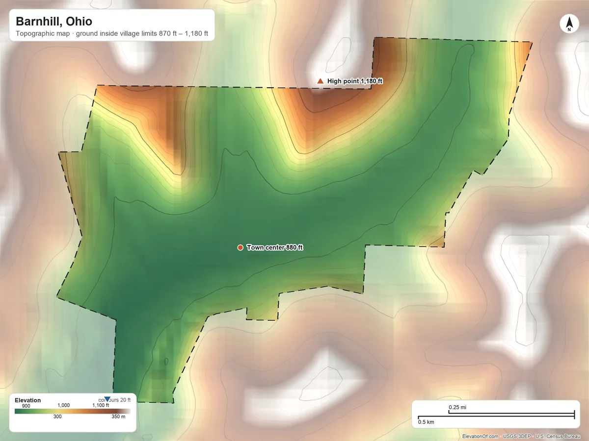 Topographic elevation map of Barnhill, Ohio, shaded from 870 ft on the southwest side to 1,180 ft on the northeast side
