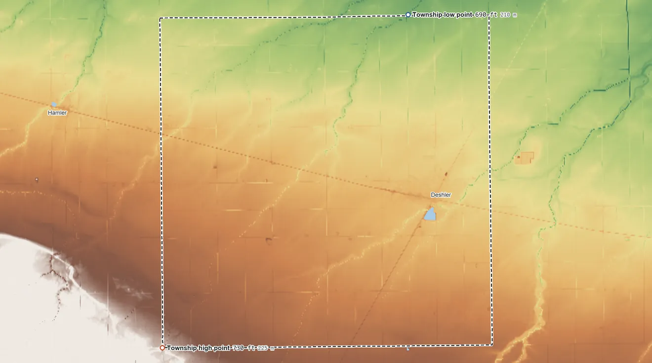 Topographic elevation map of Bartlow Township, Ohio, shaded from 690 ft on the north side to 730 ft on the southwest side