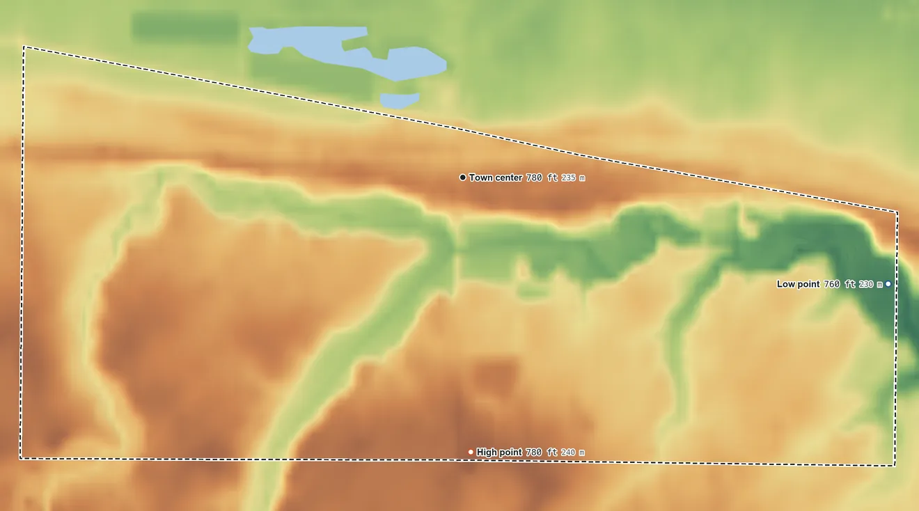 Topographic elevation map of Bascom, Ohio, shaded from 760 ft on the east side to 780 ft on the south side