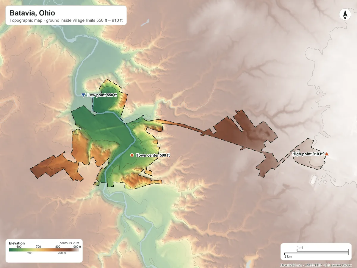 Topographic elevation map of Batavia, Ohio, shaded from 550 ft on the northwest side to 910 ft on the east side