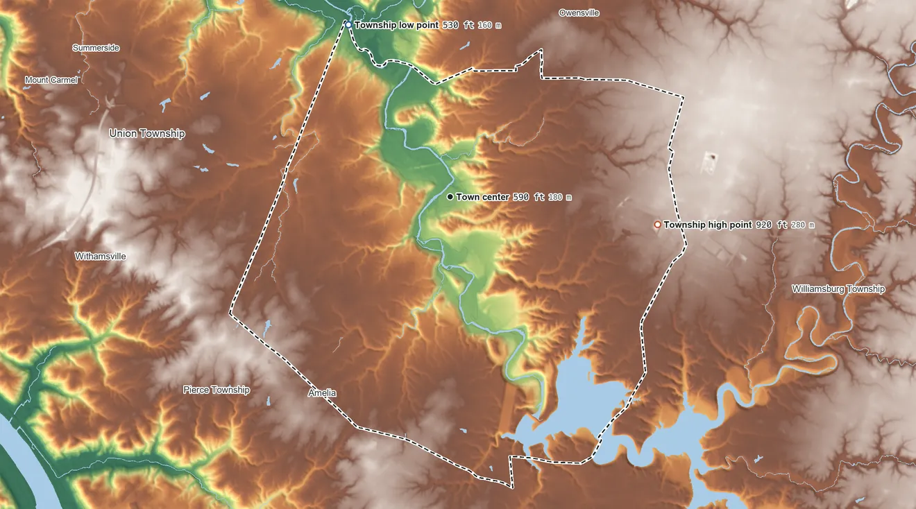 Topographic elevation map of Batavia Township, Ohio, shaded from 530 ft on the northwest side to 920 ft on the east side