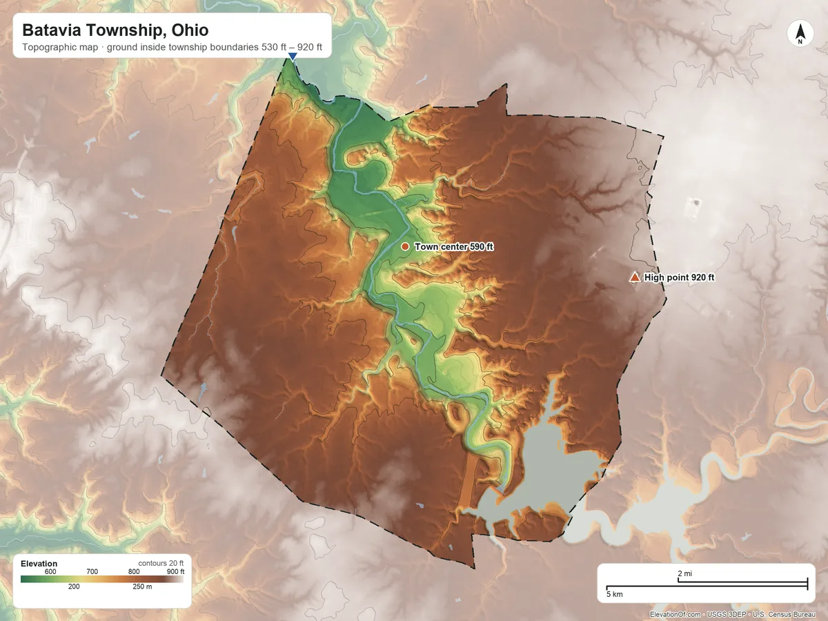 Topographic elevation map of Batavia Township, Ohio, shaded from 530 ft on the northwest side to 920 ft on the east side