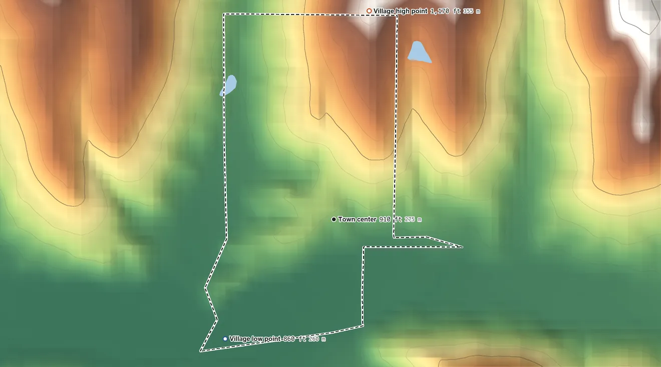 Topographic elevation map of Batesville, Ohio, shaded from 860 ft on the southwest side to 1,170 ft on the north side