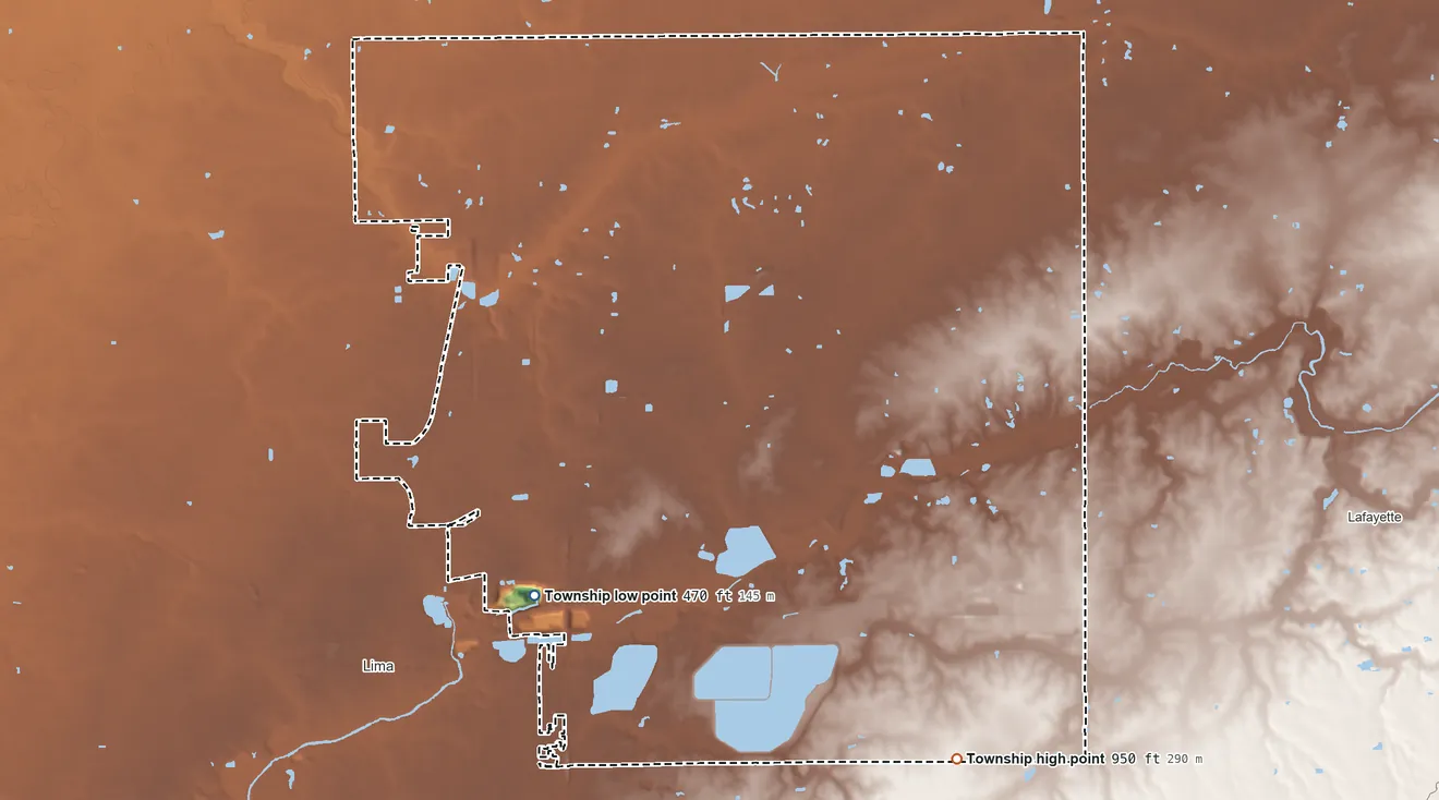 Topographic elevation map of Bath Township, Allen County, Ohio, shaded from 470 ft on the southwest side to 950 ft on the southeast side