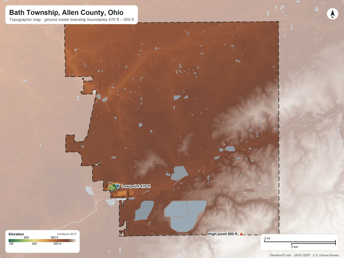 Topographic elevation map of Bath Township, Allen County, Ohio, shaded from 470 ft on the southwest side to 950 ft on the southeast side