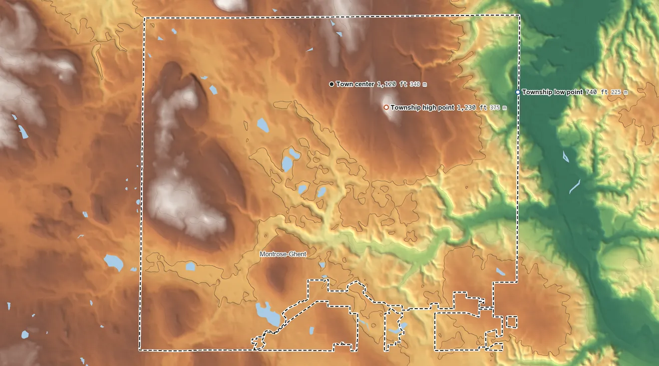 Topographic elevation map of Bath Township, Summit County, Ohio, shaded from 740 ft on the east side to 1,230 ft on the southeast side