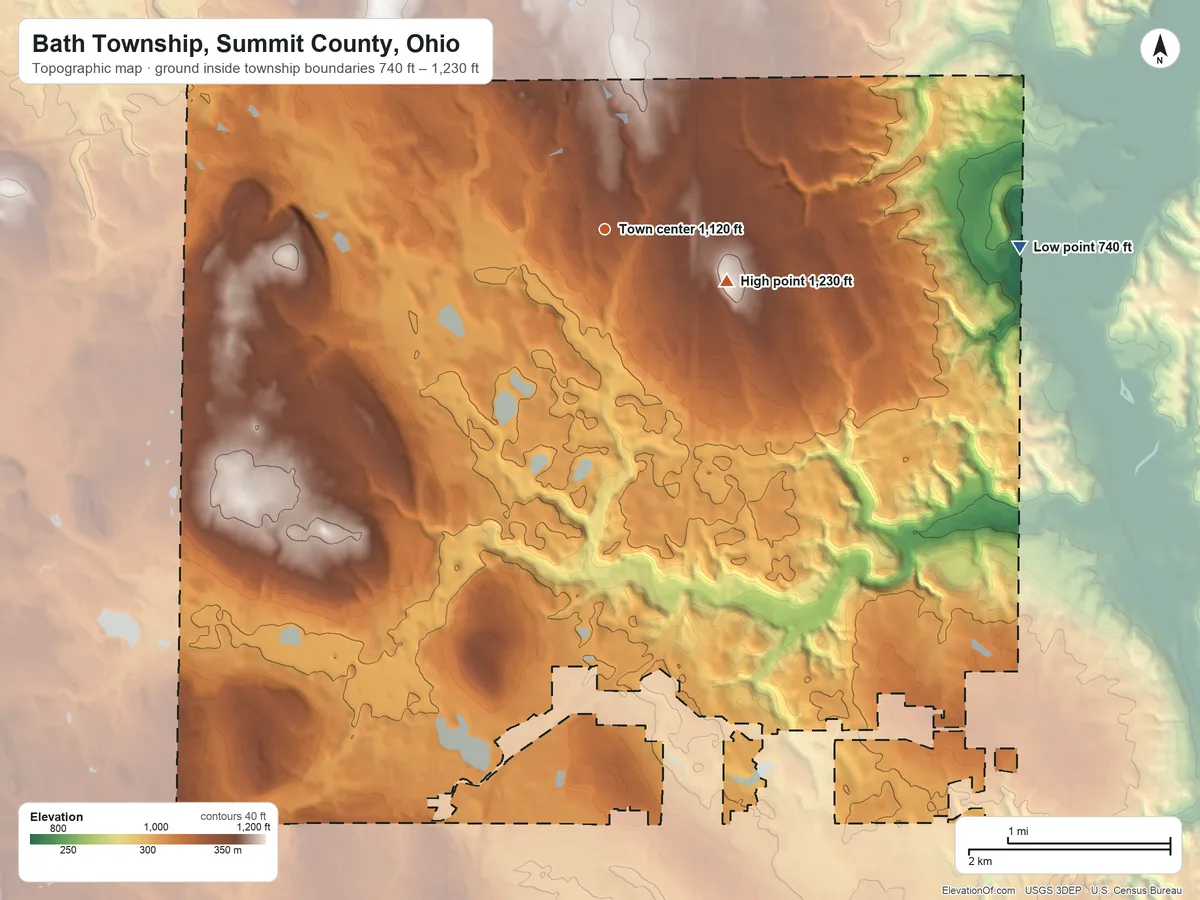 Topographic elevation map of Bath Township, Summit County, Ohio, shaded from 740 ft on the east side to 1,230 ft on the southeast side