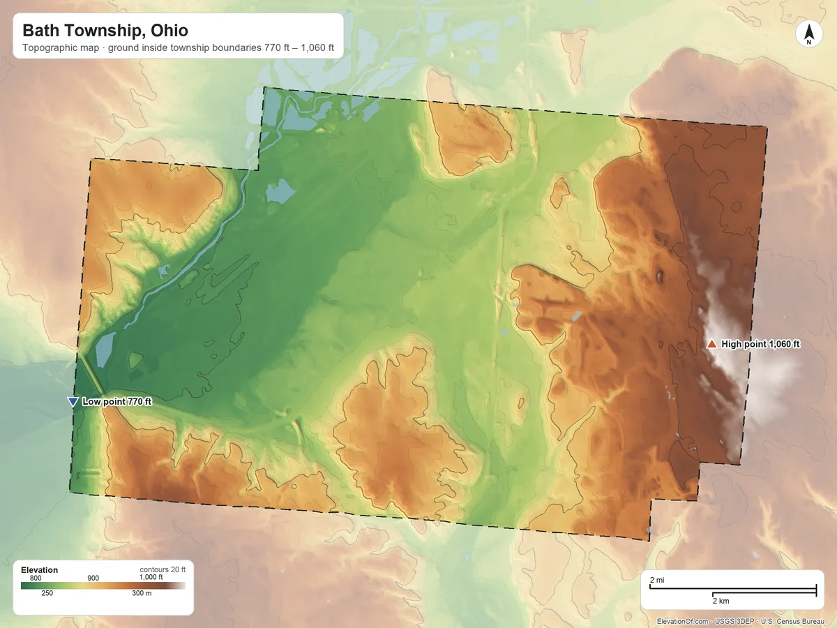 Topographic elevation map of Bath Township, Ohio, shaded from 770 ft on the west side to 1,060 ft on the east side