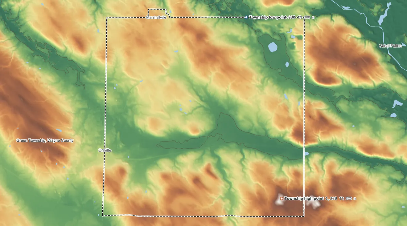 Topographic elevation map of Baughman Township, Ohio, shaded from 980 ft on the northeast side to 1,230 ft on the southeast side