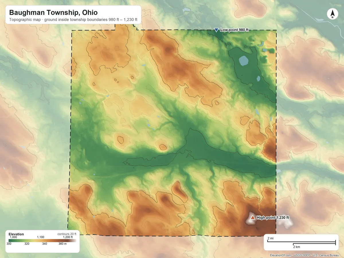 Topographic elevation map of Baughman Township, Ohio, shaded from 980 ft on the northeast side to 1,230 ft on the southeast side