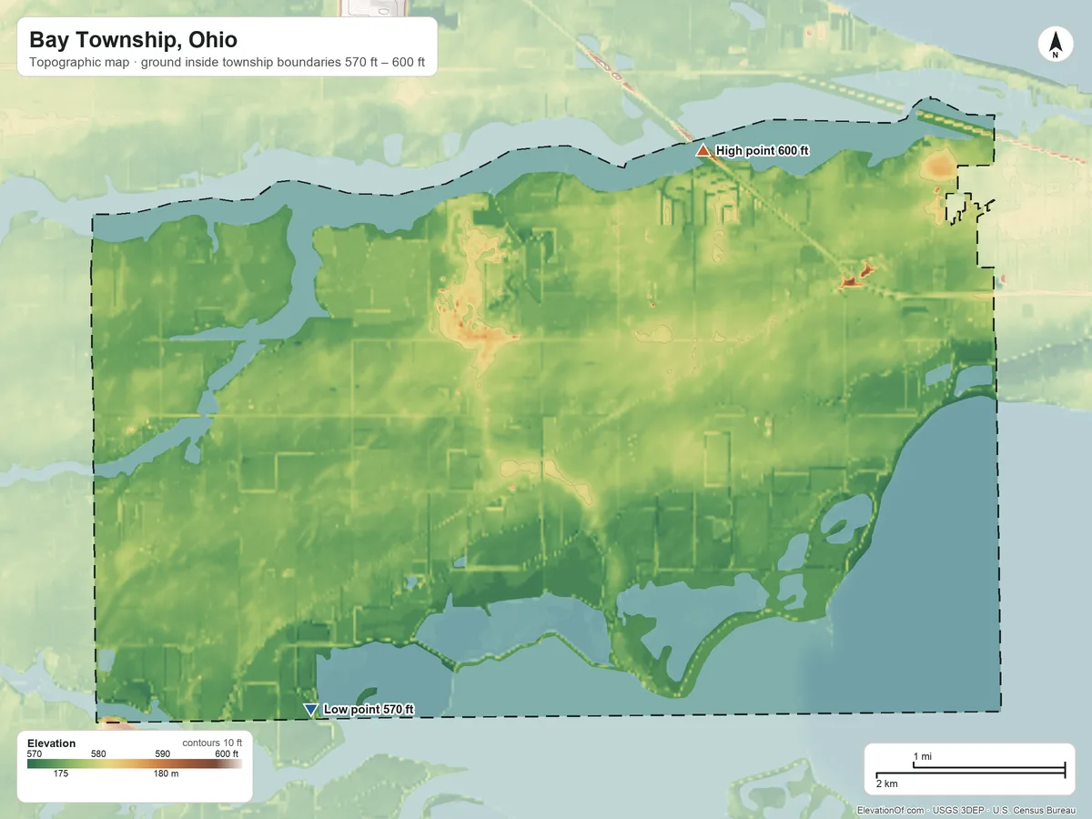 Topographic elevation map of Bay Township, Ohio, shaded from 570 ft on the southwest side to 600 ft on the northeast side