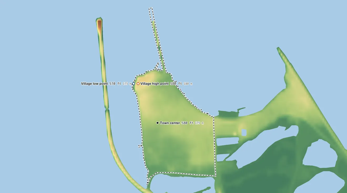 Topographic elevation map of Bay View, Ohio, shaded from 570 ft on the northwest side to 580 ft on the northwest side