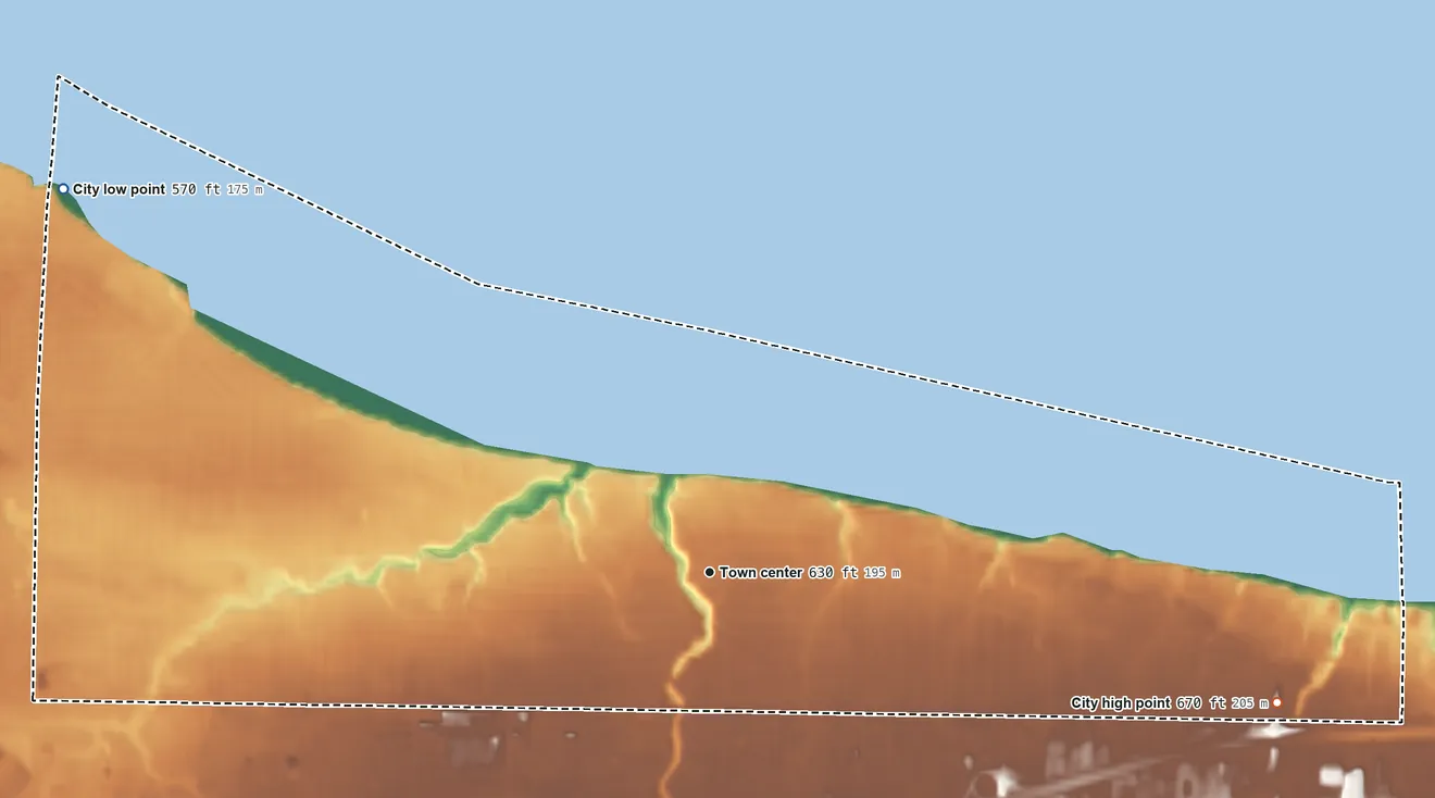Topographic elevation map of Bay Village, Ohio, shaded from 570 ft on the northwest side to 670 ft on the east side