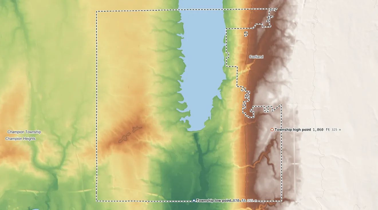 Topographic elevation map of Bazetta Township, Ohio, shaded from 870 ft on the south side to 1,060 ft on the east side
