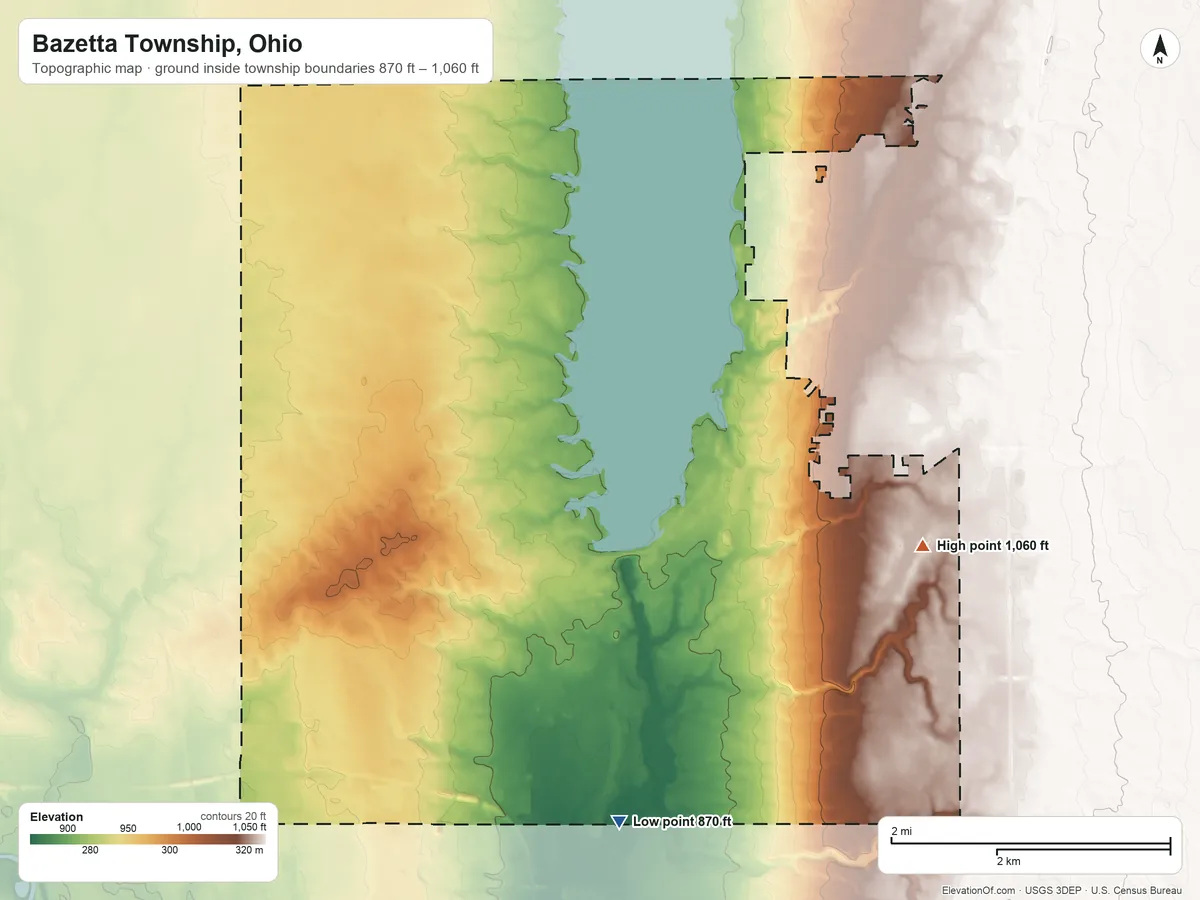 Topographic elevation map of Bazetta Township, Ohio, shaded from 870 ft on the south side to 1,060 ft on the east side