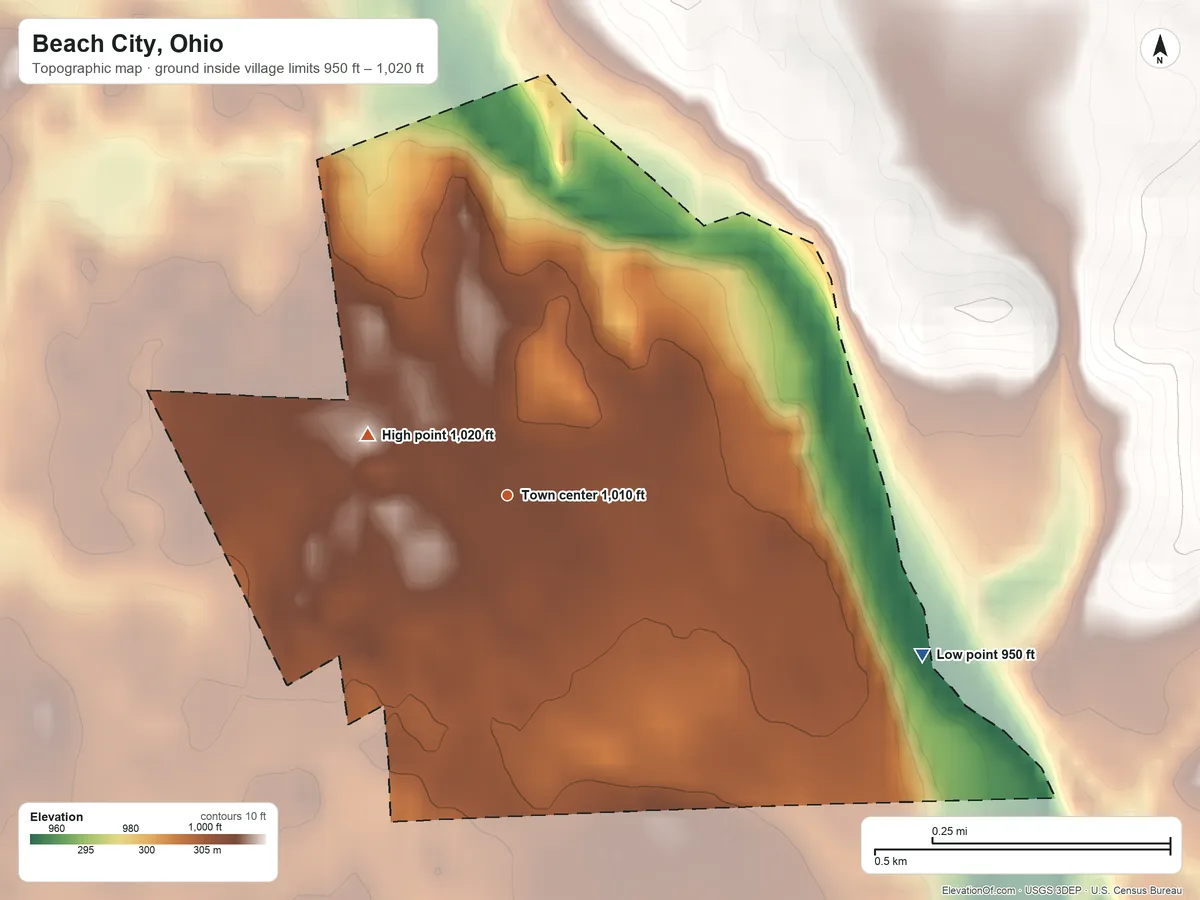 Topographic elevation map of Beach City, Ohio, shaded from 950 ft on the east side to 1,020 ft on the northwest side