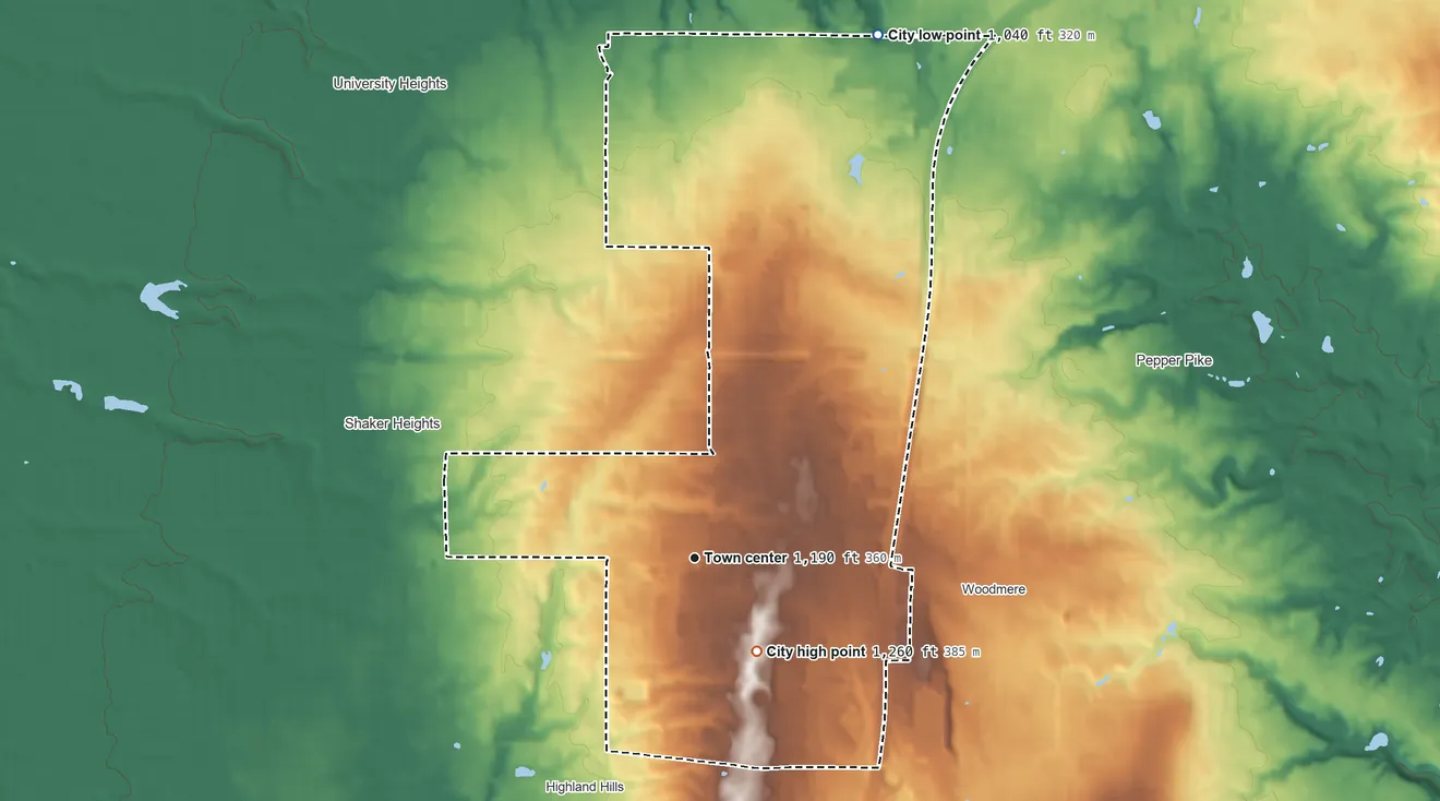 Topographic elevation map of Beachwood, Ohio, shaded from 1,040 ft on the north side to 1,260 ft on the southeast side
