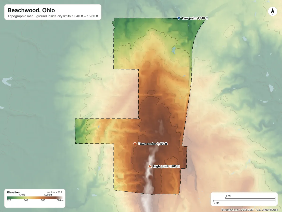 Topographic elevation map of Beachwood, Ohio, shaded from 1,040 ft on the north side to 1,260 ft on the southeast side