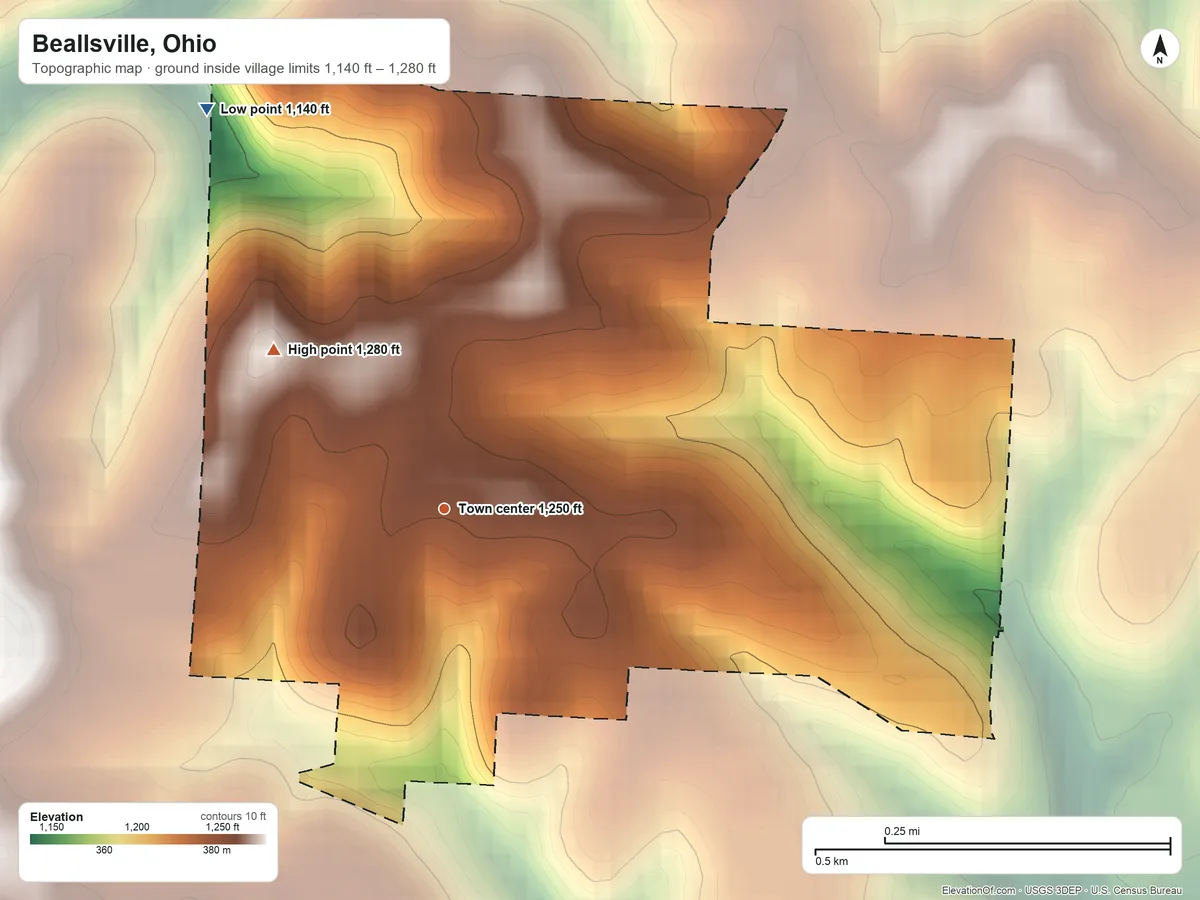 Topographic elevation map of Beallsville, Ohio, shaded from 1,140 ft on the northwest side to 1,280 ft on the northwest side