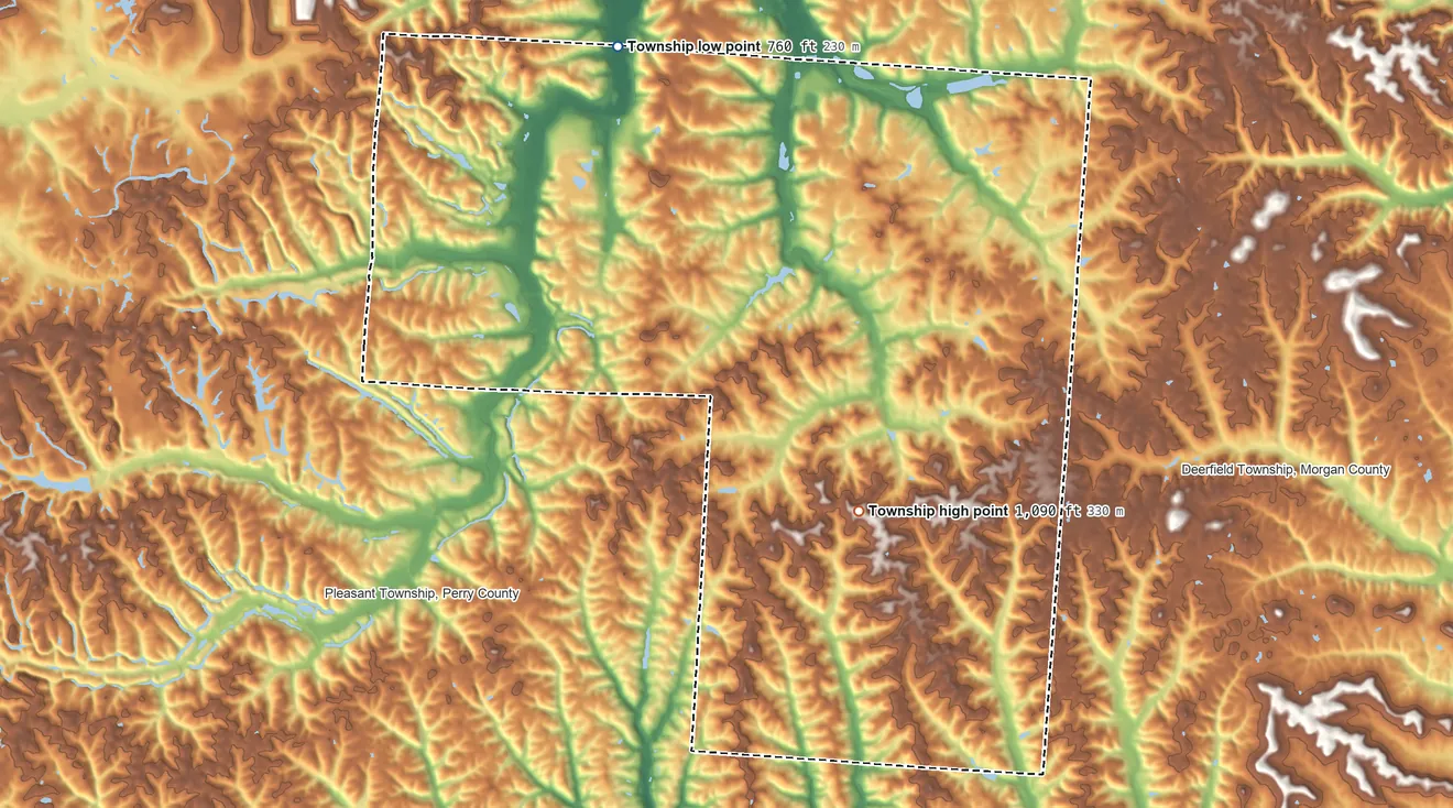 Topographic elevation map of Bearfield Township, Ohio, shaded from 760 ft on the north side to 1,090 ft on the southeast side
