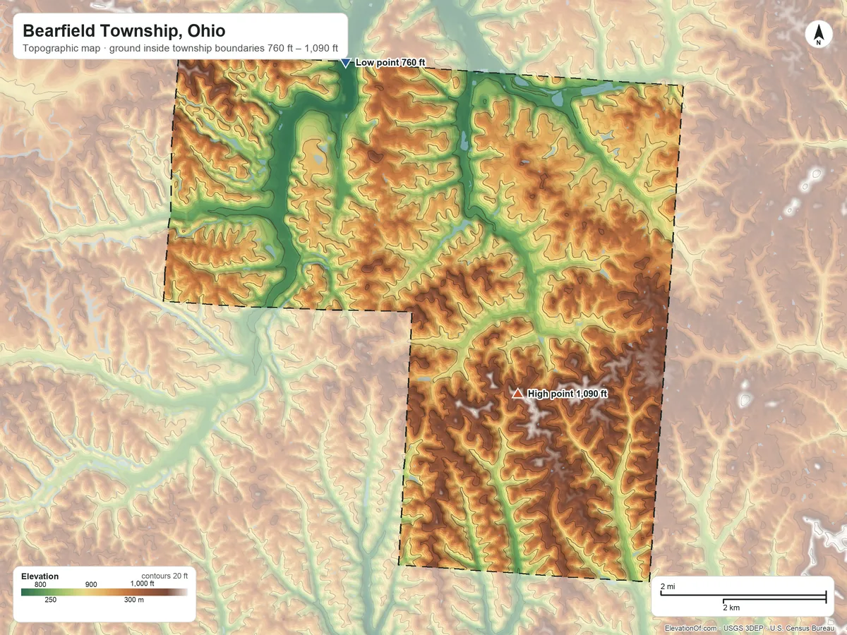 Topographic elevation map of Bearfield Township, Ohio, shaded from 760 ft on the north side to 1,090 ft on the southeast side