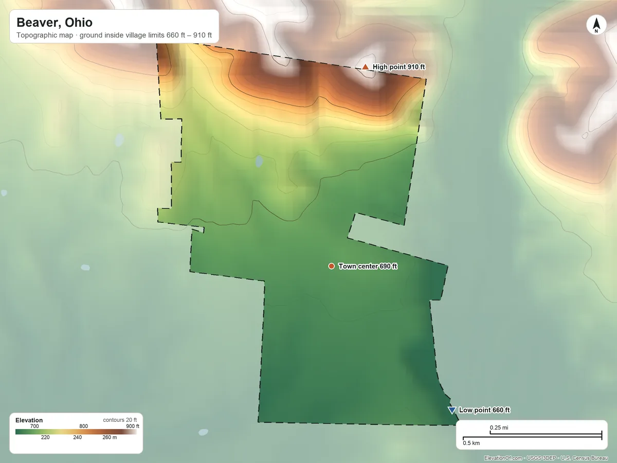Topographic elevation map of Beaver, Ohio, shaded from 660 ft on the southeast side to 910 ft on the north side