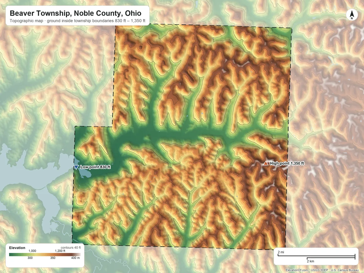Topographic elevation map of Beaver Township, Noble County, Ohio, shaded from 830 ft on the west side to 1,350 ft on the southeast side