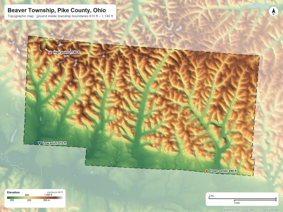 Topographic elevation map of Beaver Township, Pike County, Ohio, shaded from 610 ft on the west side to 1,140 ft on the northwest side