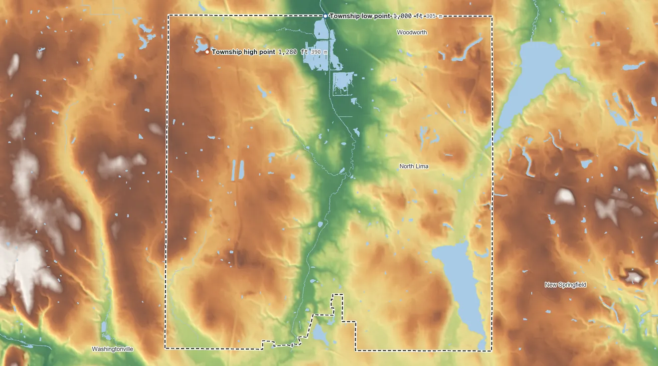 Topographic elevation map of Beaver Township, Ohio, shaded from 1,000 ft on the north side to 1,280 ft on the northwest side