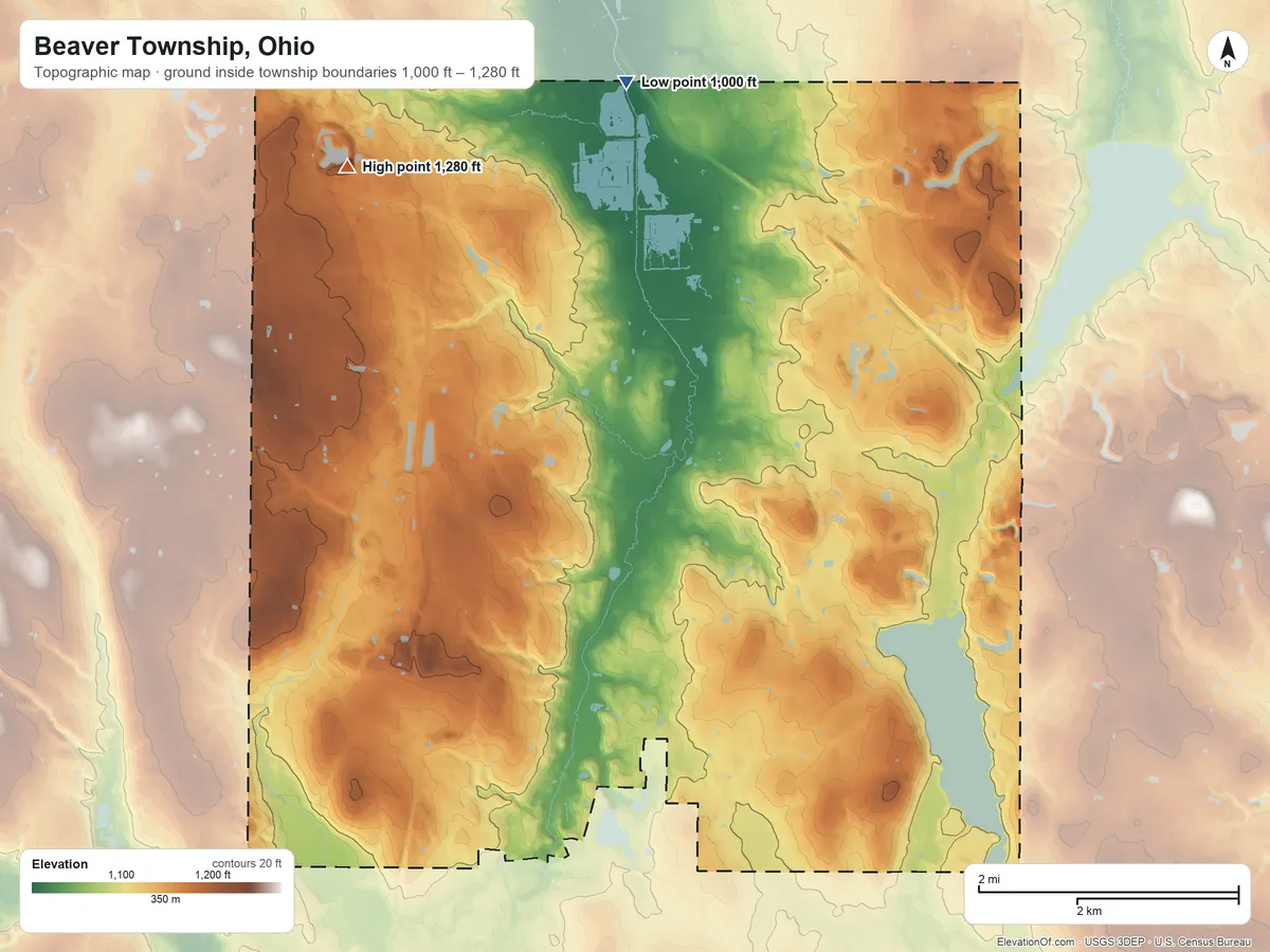 Topographic elevation map of Beaver Township, Ohio, shaded from 1,000 ft on the north side to 1,280 ft on the northwest side