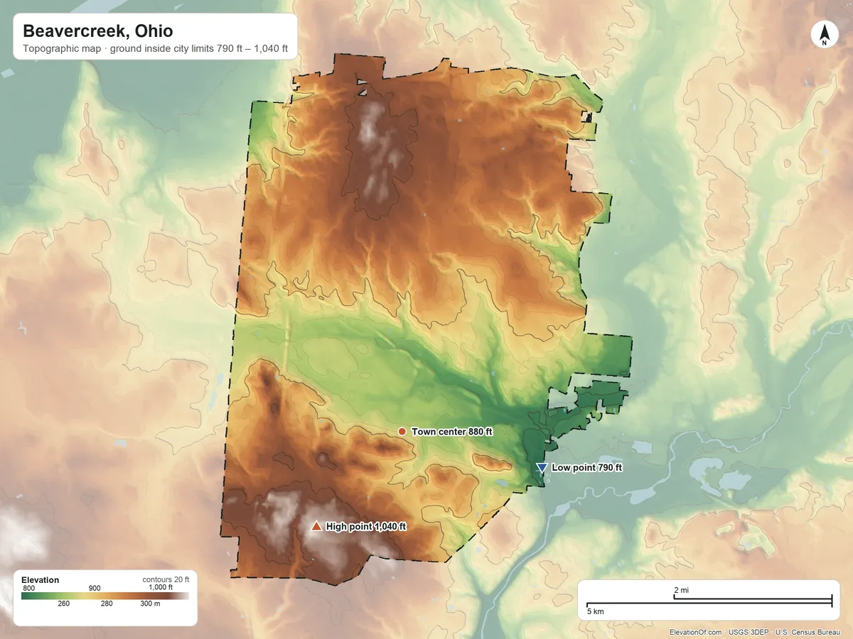 Topographic elevation map of Beavercreek, Ohio, shaded from 790 ft on the east side to 1,040 ft on the southwest side
