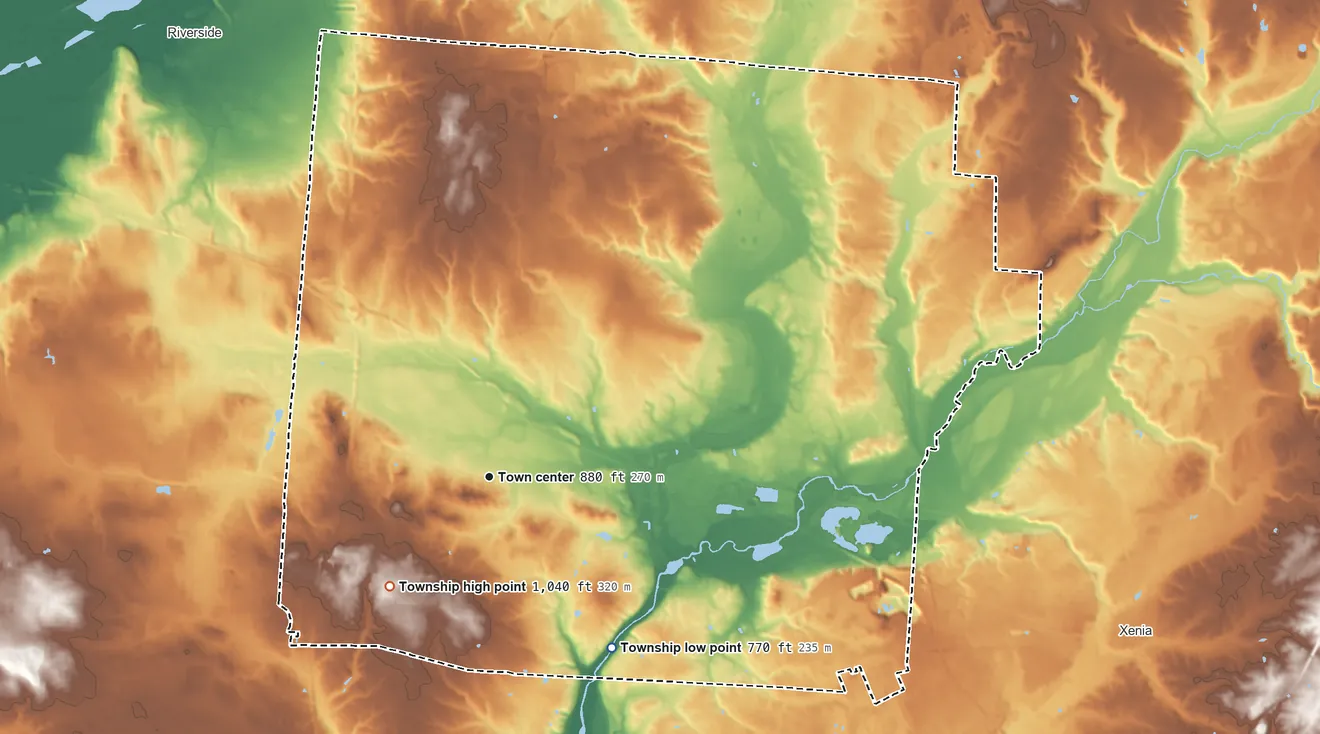 Topographic elevation map of Beavercreek Township, Ohio, shaded from 770 ft on the southeast side to 1,040 ft on the southwest side