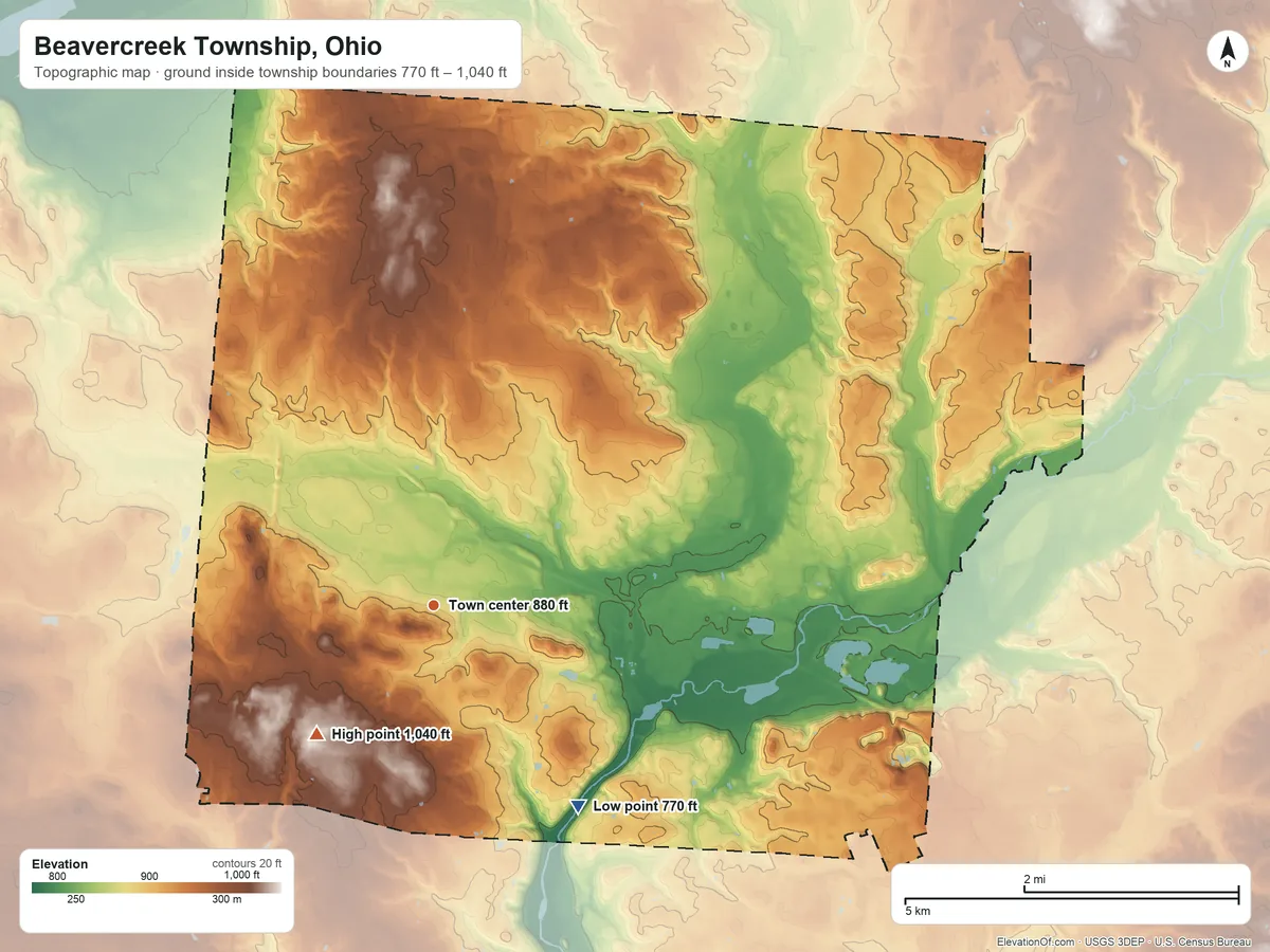 Topographic elevation map of Beavercreek Township, Ohio, shaded from 770 ft on the southeast side to 1,040 ft on the southwest side
