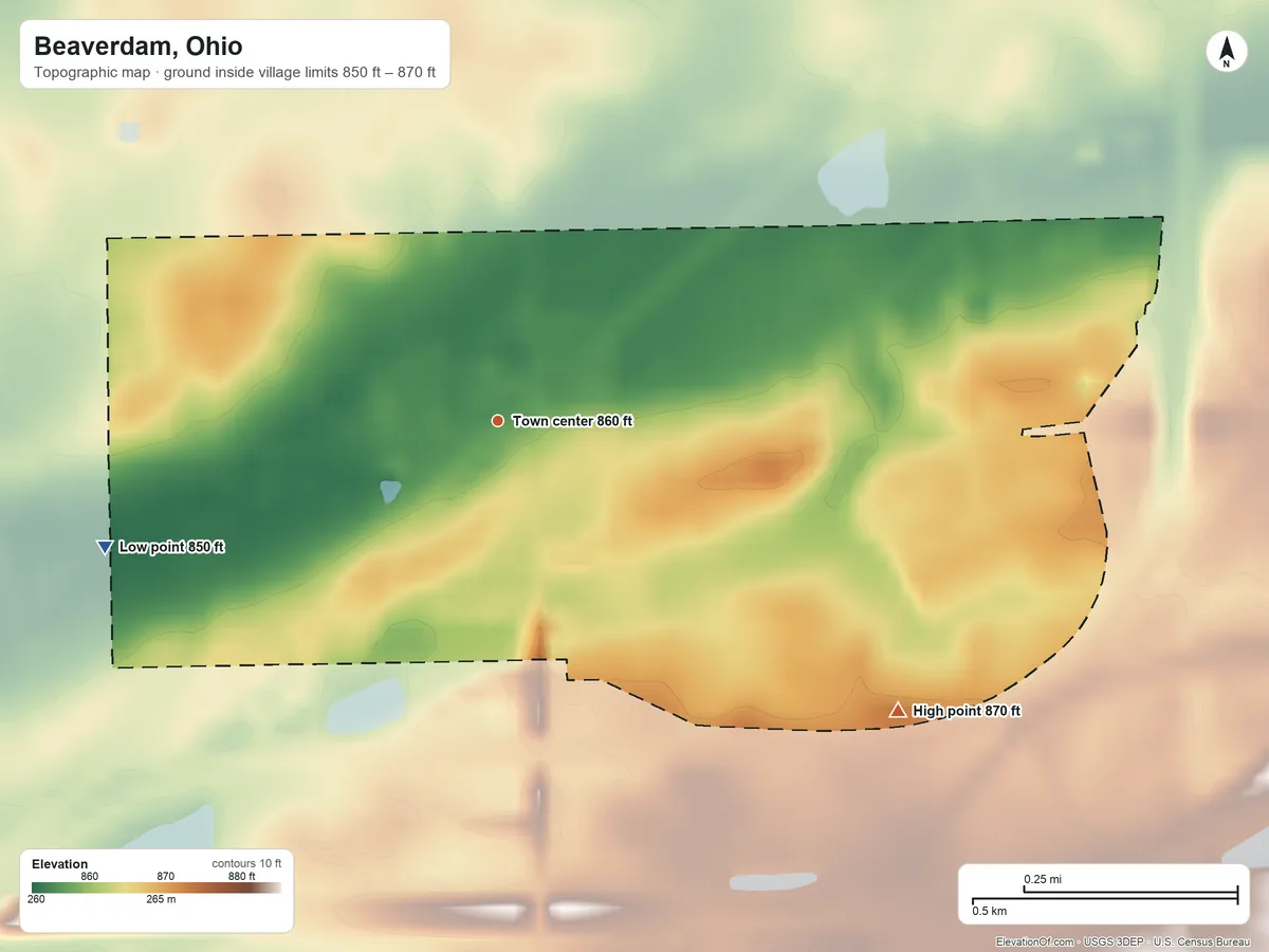 Topographic elevation map of Beaverdam, Ohio, shaded from 850 ft on the west side to 870 ft on the southeast side