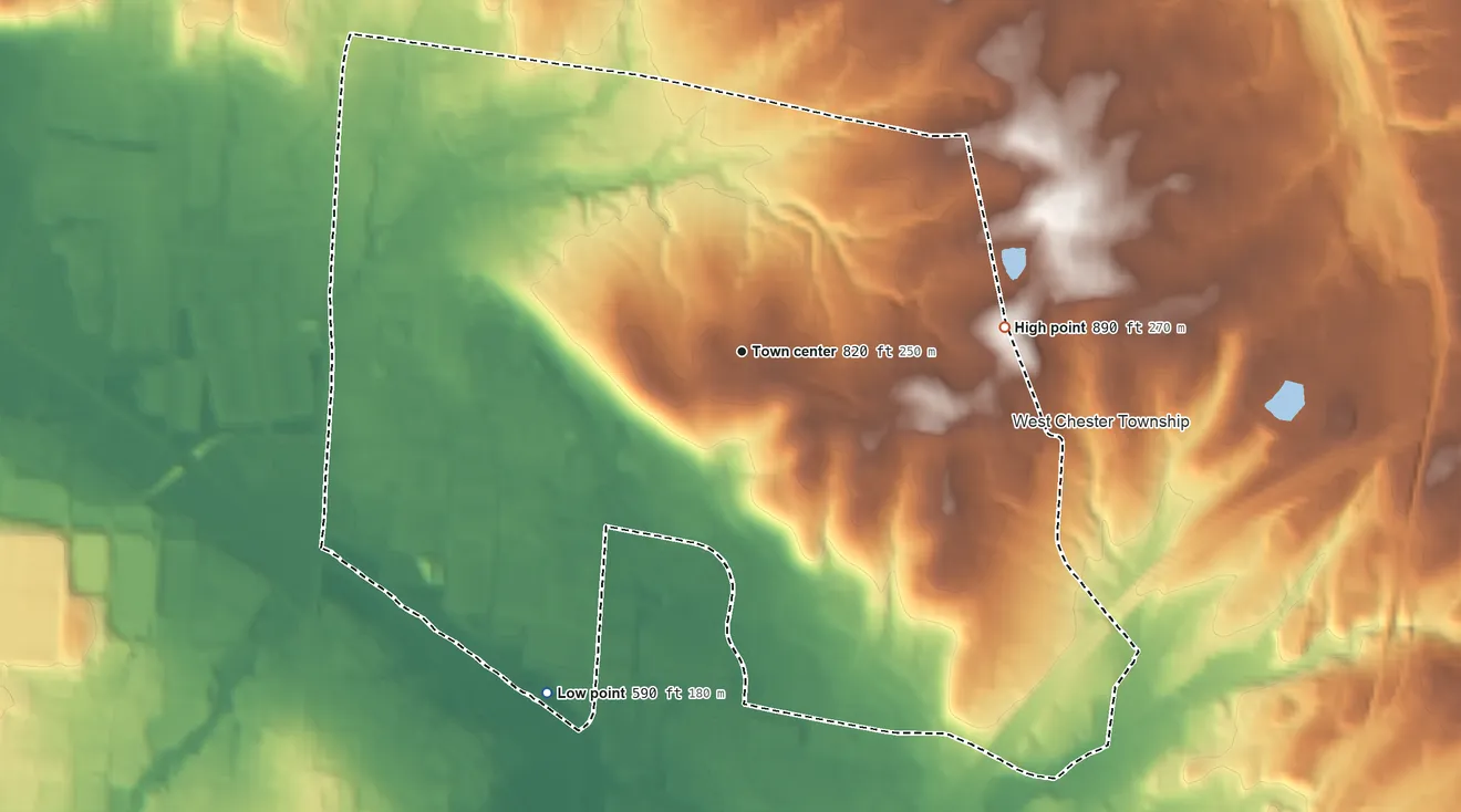 Topographic elevation map of Beckett Ridge, Ohio, shaded from 590 ft on the southwest side to 890 ft on the east side