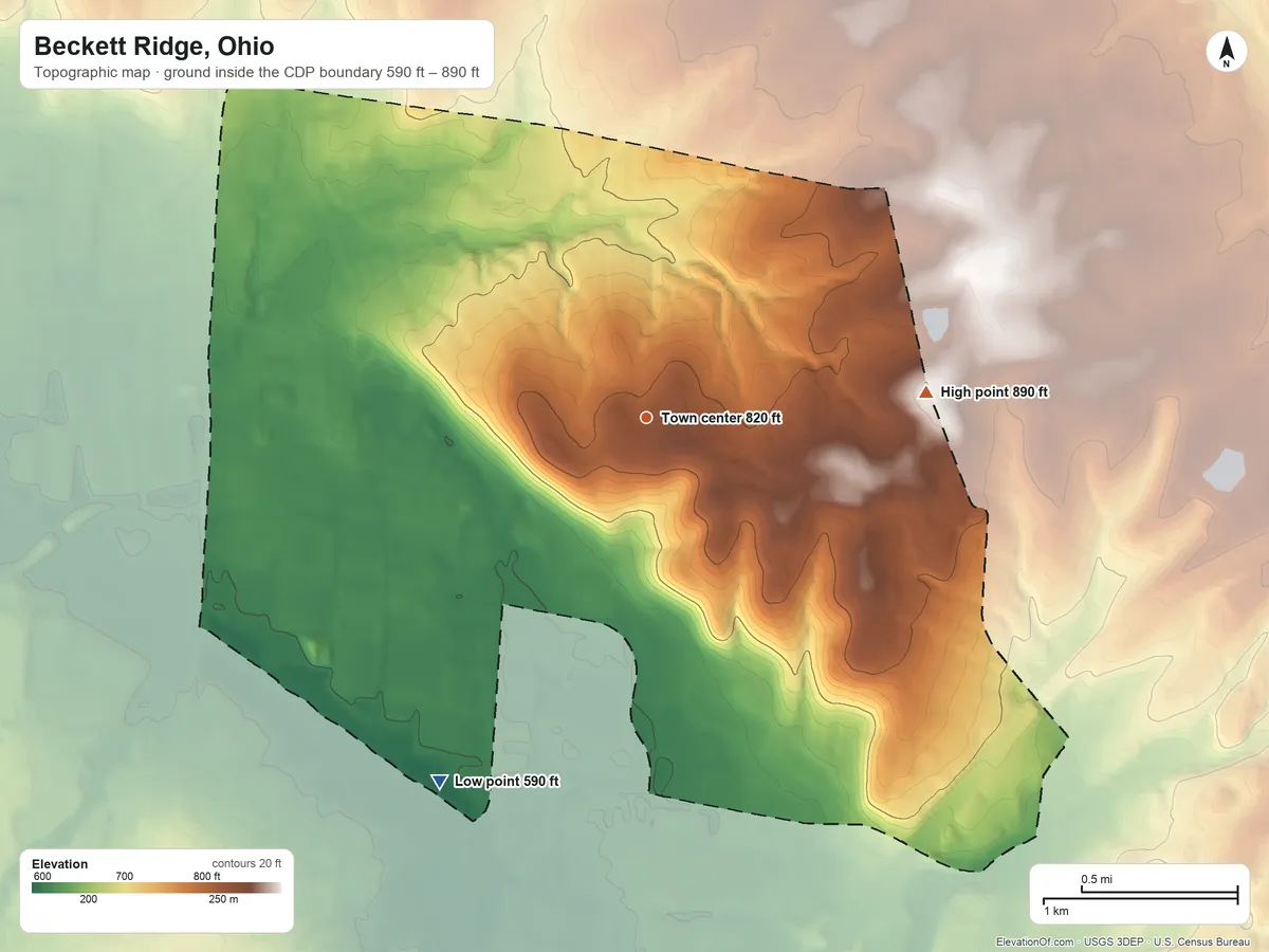 Topographic elevation map of Beckett Ridge, Ohio, shaded from 590 ft on the southwest side to 890 ft on the east side