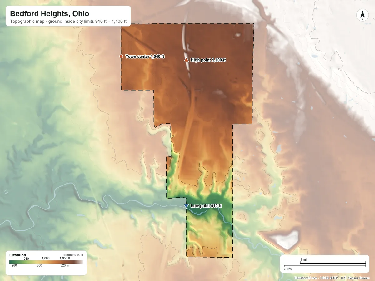 Topographic elevation map of Bedford Heights, Ohio, shaded from 910 ft on the southeast side to 1,100 ft on the east side