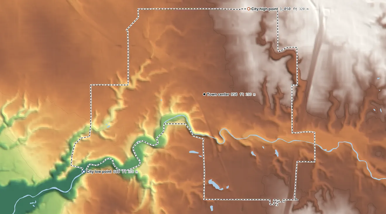 Topographic elevation map of Bedford, Ohio, shaded from 680 ft on the southwest side to 1,050 ft on the northeast side